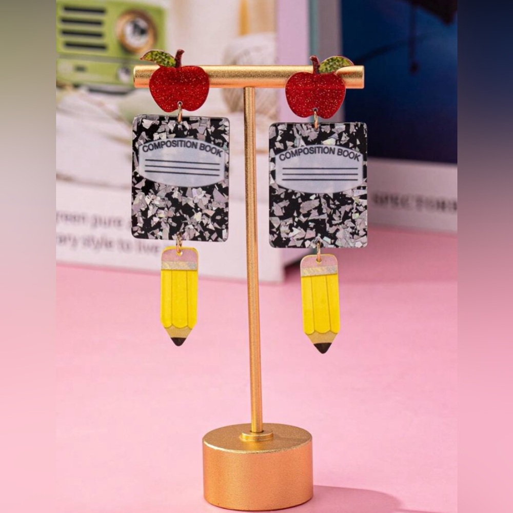 Apple, Composition Book, Pencil Silver Foil Acrylic Earrings.